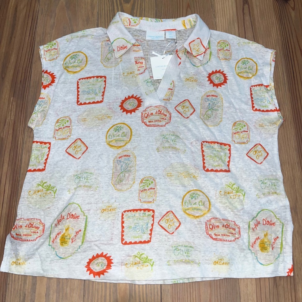 Cynthia Rowley Linen Sleeveless Top Olive Oil Print New with‎ Tags